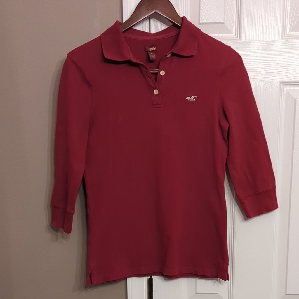Y2K Women's Hollister 3/4 Sleeve Burgandy Polo Shirt